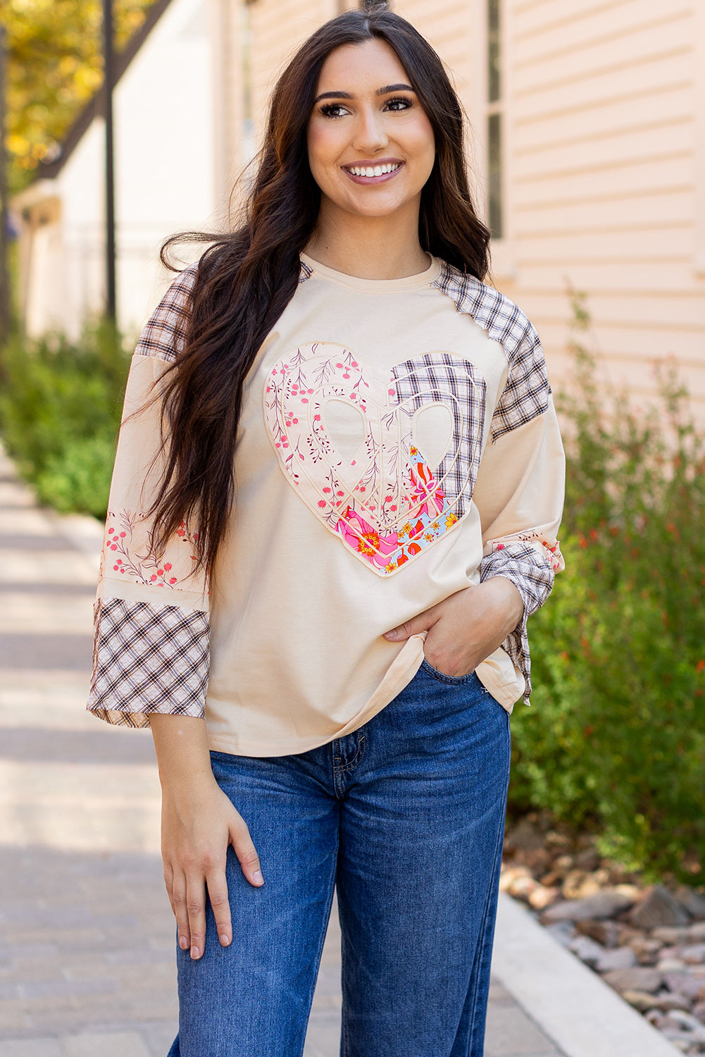 Plaid Floral Love Peace Bishop Sleeve Shirt S - 3X