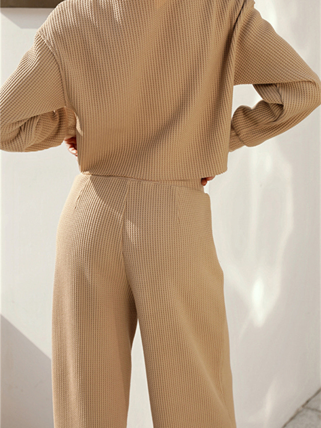 Waffle-Knit Round Neck Shirt /Pants Outfit