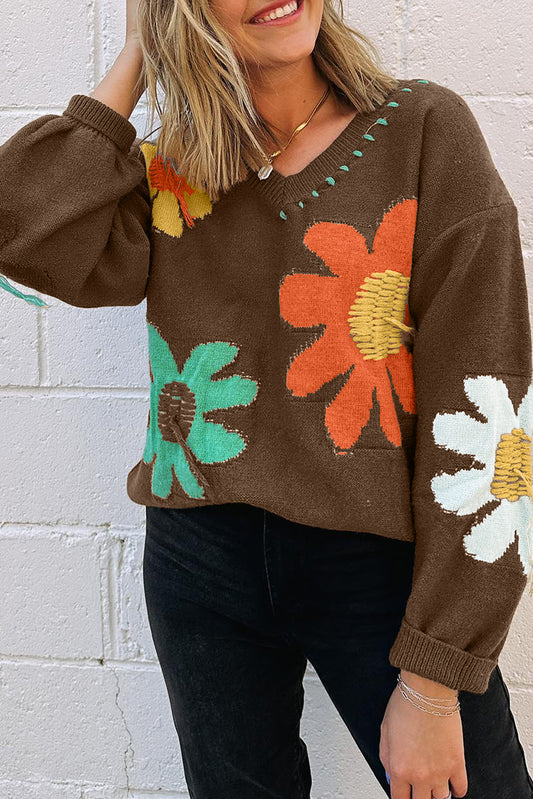 LaurenNichole Cozy Floral V Neck Sweater in 2 Colors