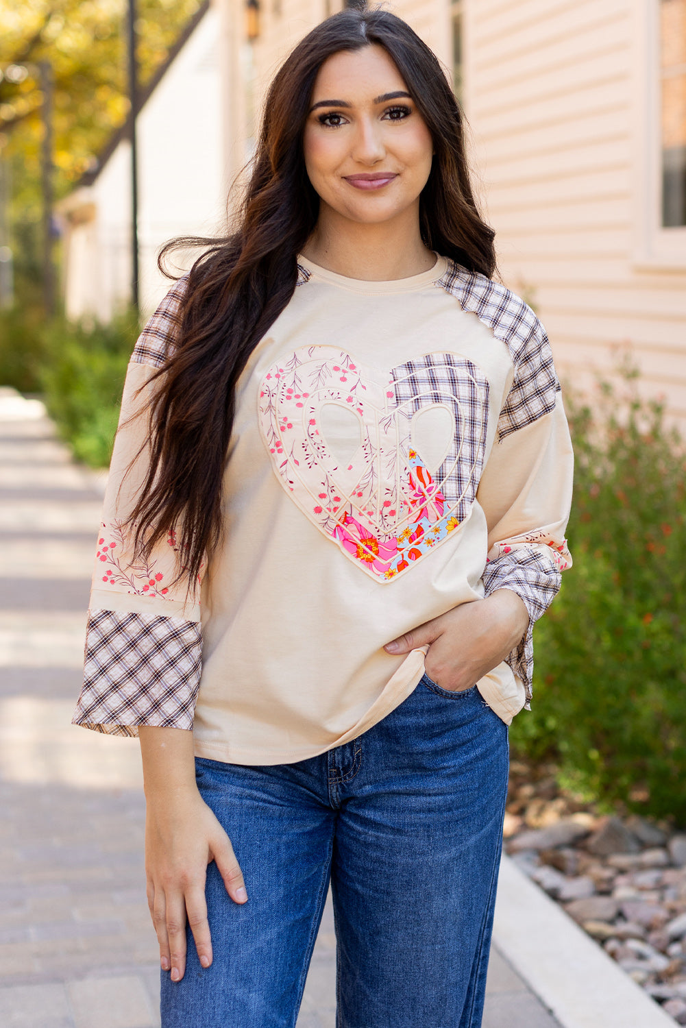 Plaid Floral Love Peace Bishop Sleeve Shirt S - 3X