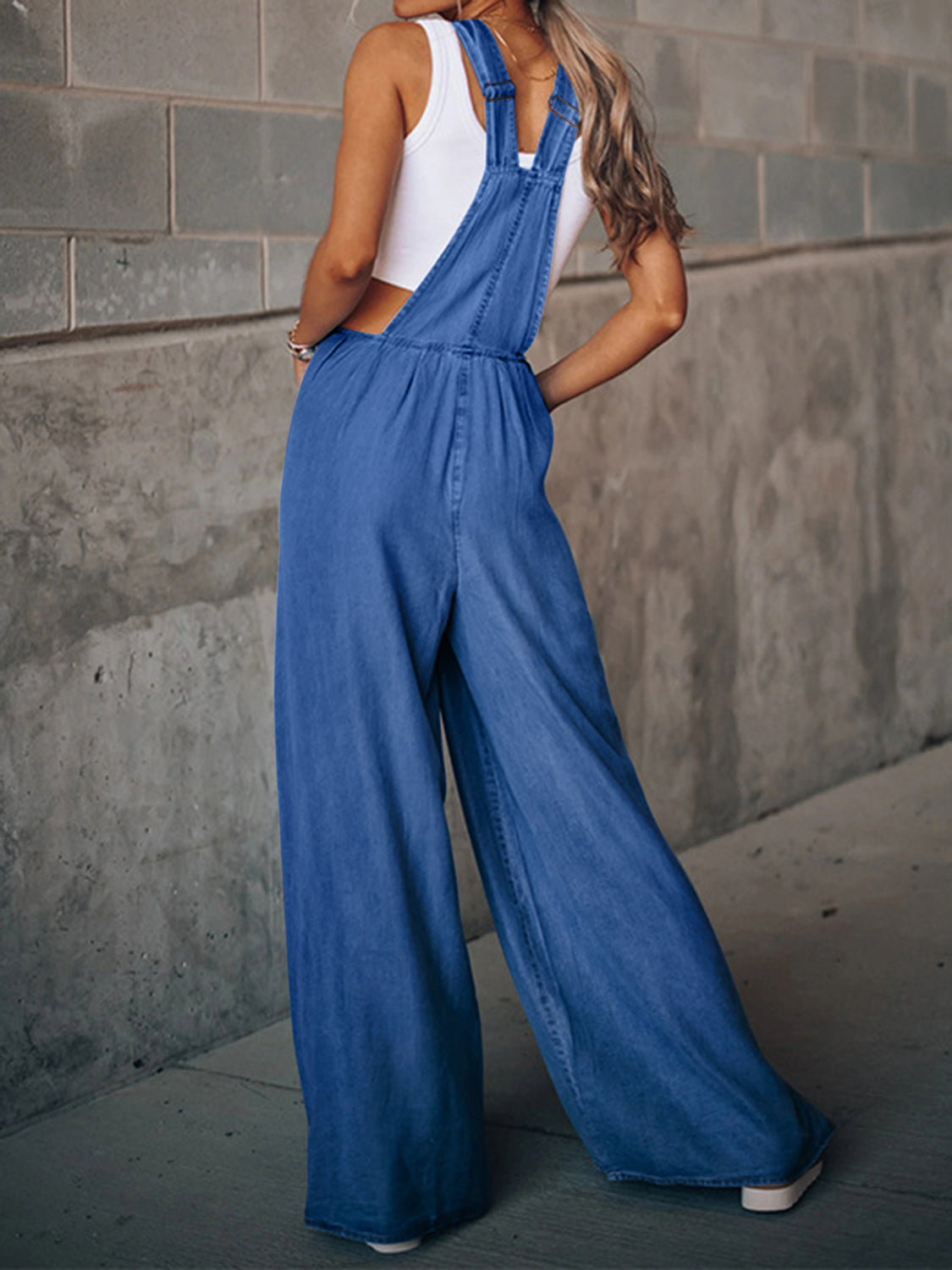Distressed Wide Leg Denim Overalls (S  - 2X)