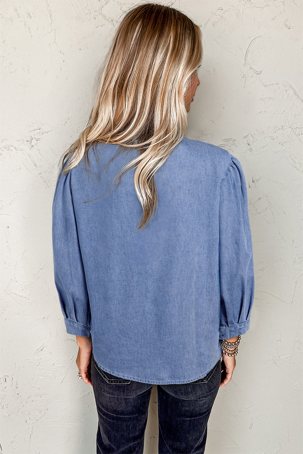 Elegant Bow Denim Pintuck Puff Sleeve Shirt