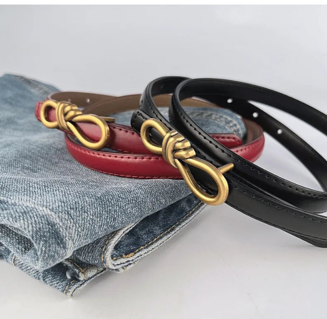 Luxurious Leather Gold Bow Buckle Adjustable Thin Belt in 7 Colors