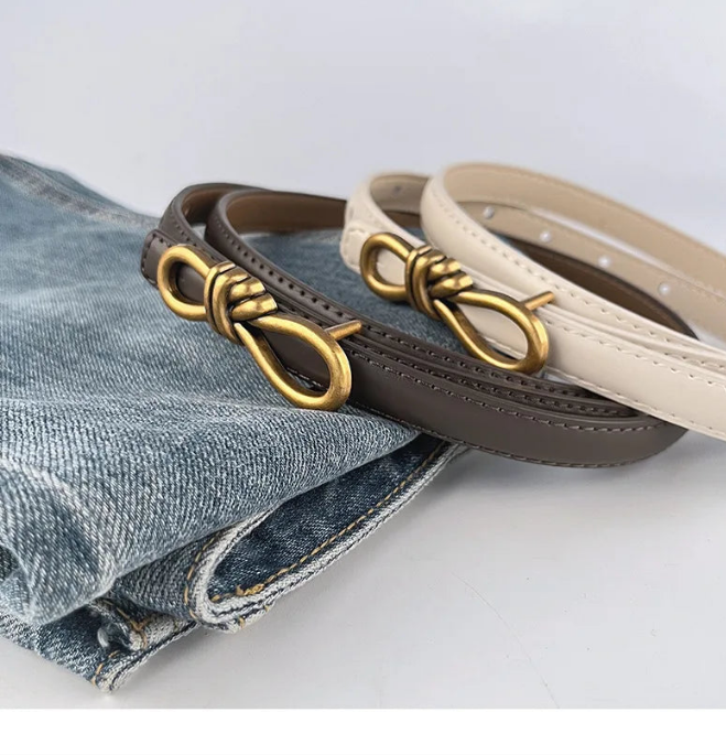 Luxurious Leather Gold Bow Buckle Adjustable Thin Belt in 7 Colors