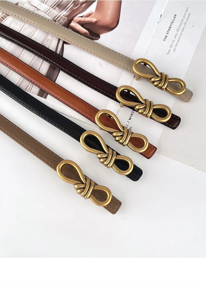 Luxurious Leather Gold Bow Buckle Adjustable Thin Belt in 7 Colors