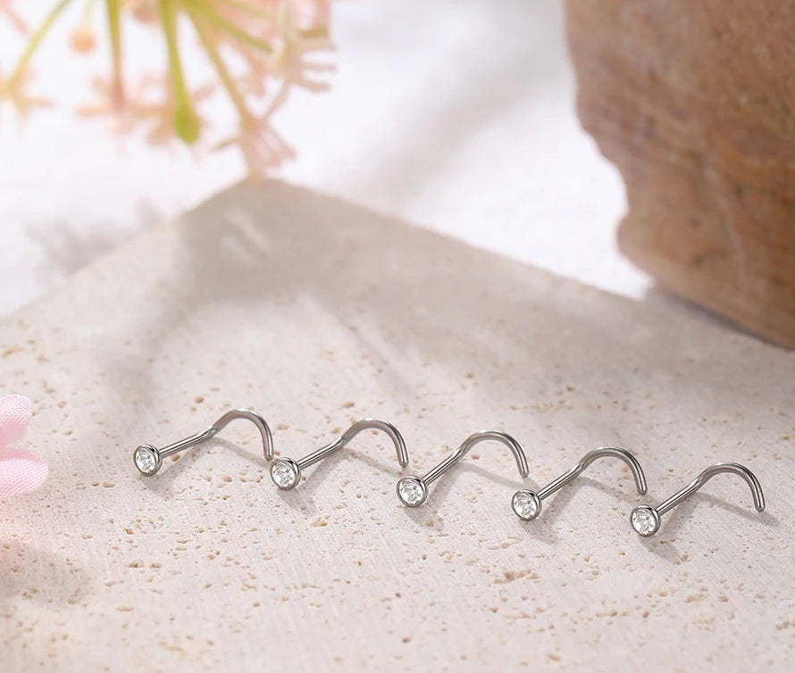 Luxury G23 Titanium CZ Prong Corkscrew Nose Rings