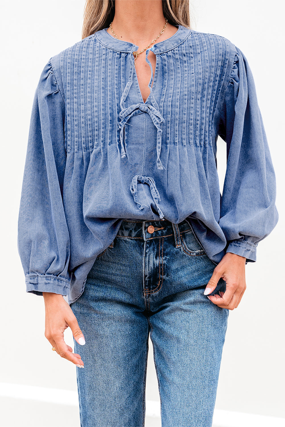 Elegant Bow Denim Pintuck Puff Sleeve Shirt