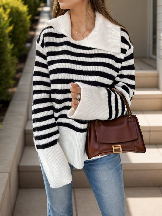 LaurenNichole cozy Striped Collared Neck Sweater