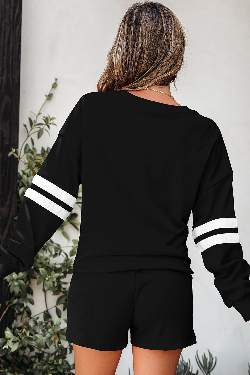 Activepologie Comfy Black Varsity Stripe Oversized Women's Sweatshirt & Shorts Outfit at LaurenNichole