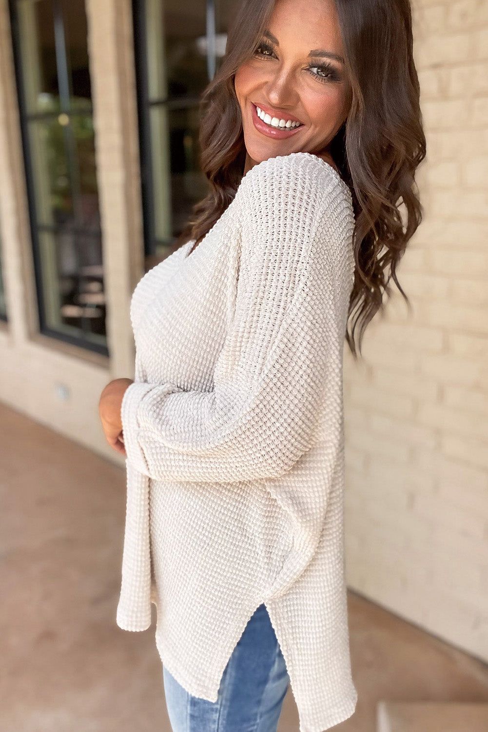 Casual Waffle Knit V Neck Boyfriend Shirt