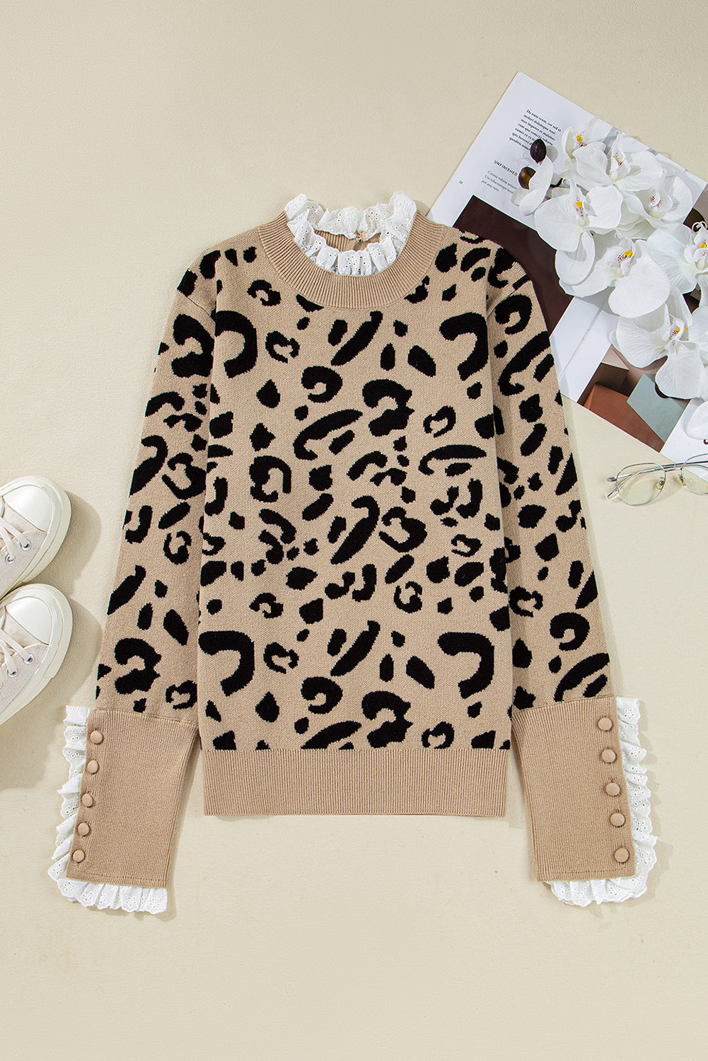 LaurenNichole Classy Brown Leopard Buttoned Down Ruffled Cuffed Sweater