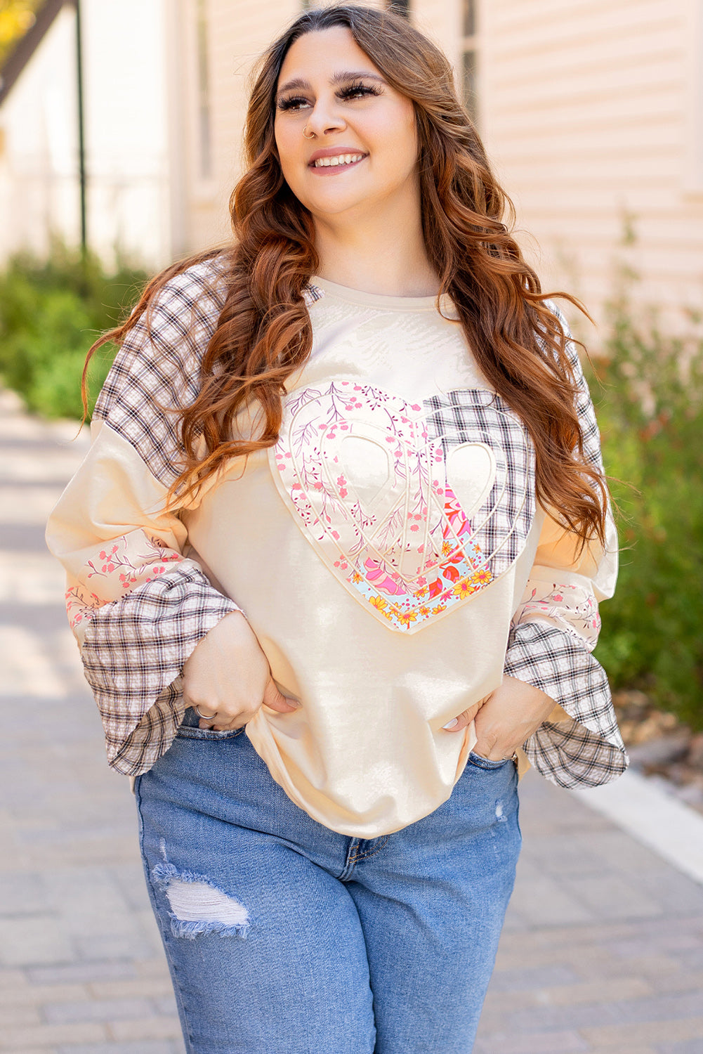 Plaid Floral Love Peace Bishop Sleeve Shirt S - 3X