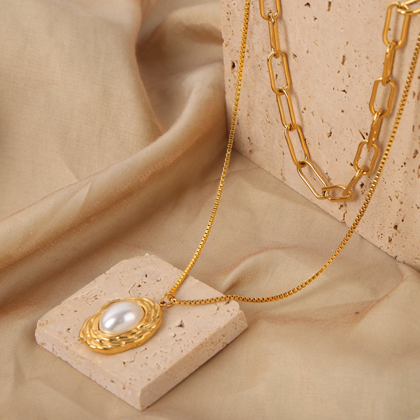 Inlaid Pearl Layered Titanium Steel Necklace