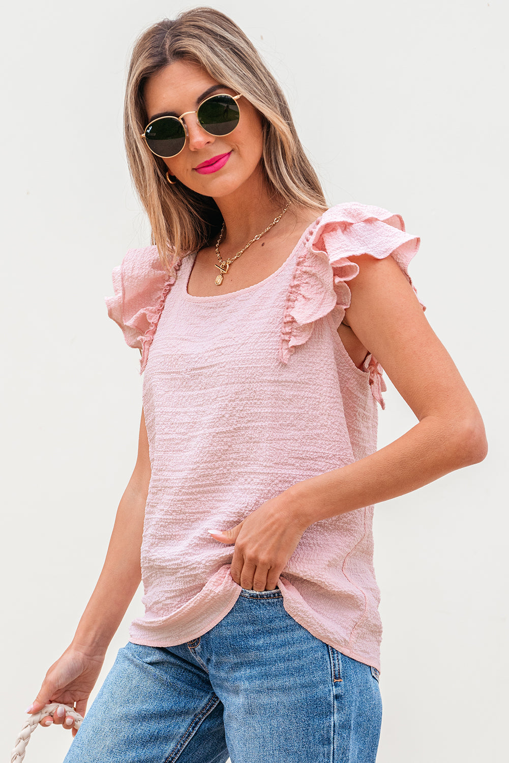 Textured Bow Ruffle Butterfly Sleeve Blouse