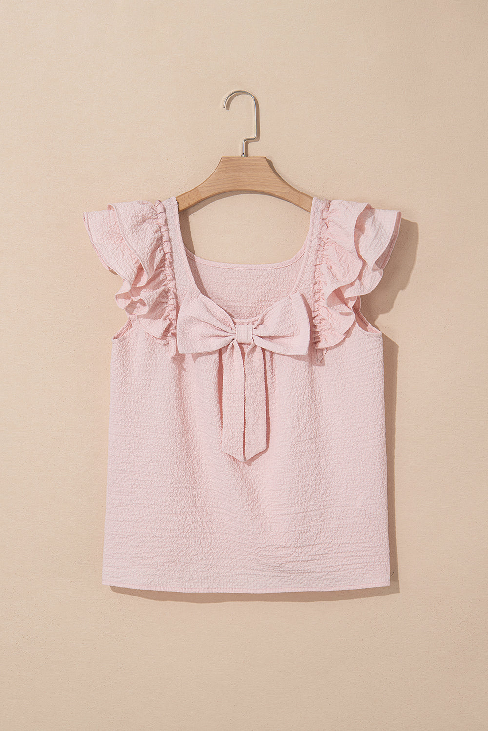 Textured Bow Ruffle Butterfly Sleeve Blouse