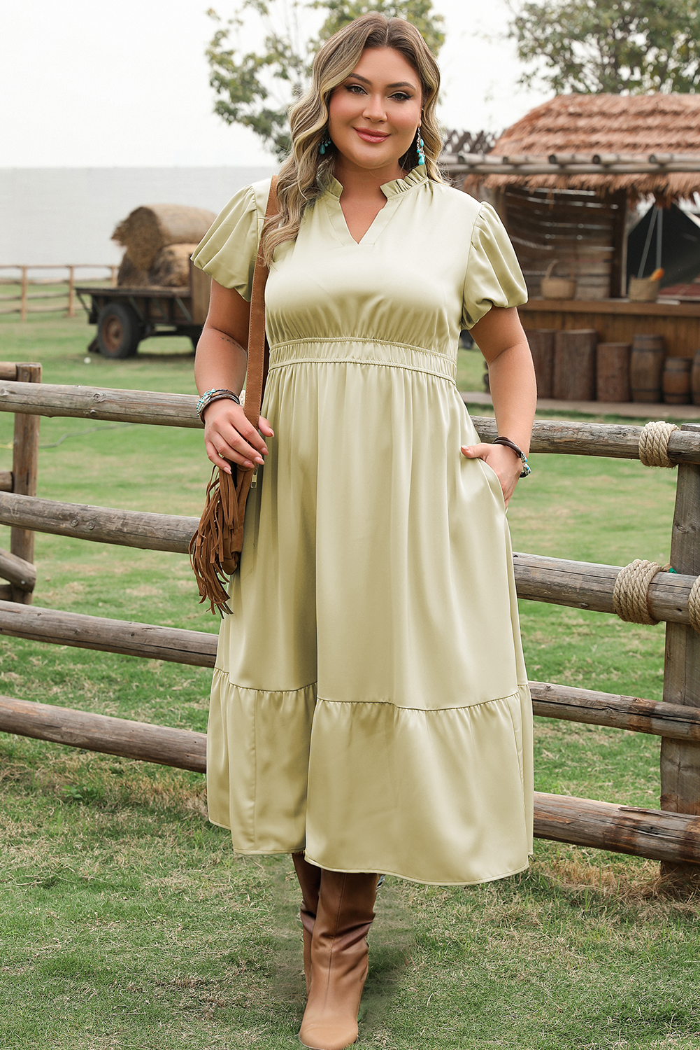 Luxurious Notched V Neck Puff Sleeve Tiered Maxi Dress (1X - 4X)