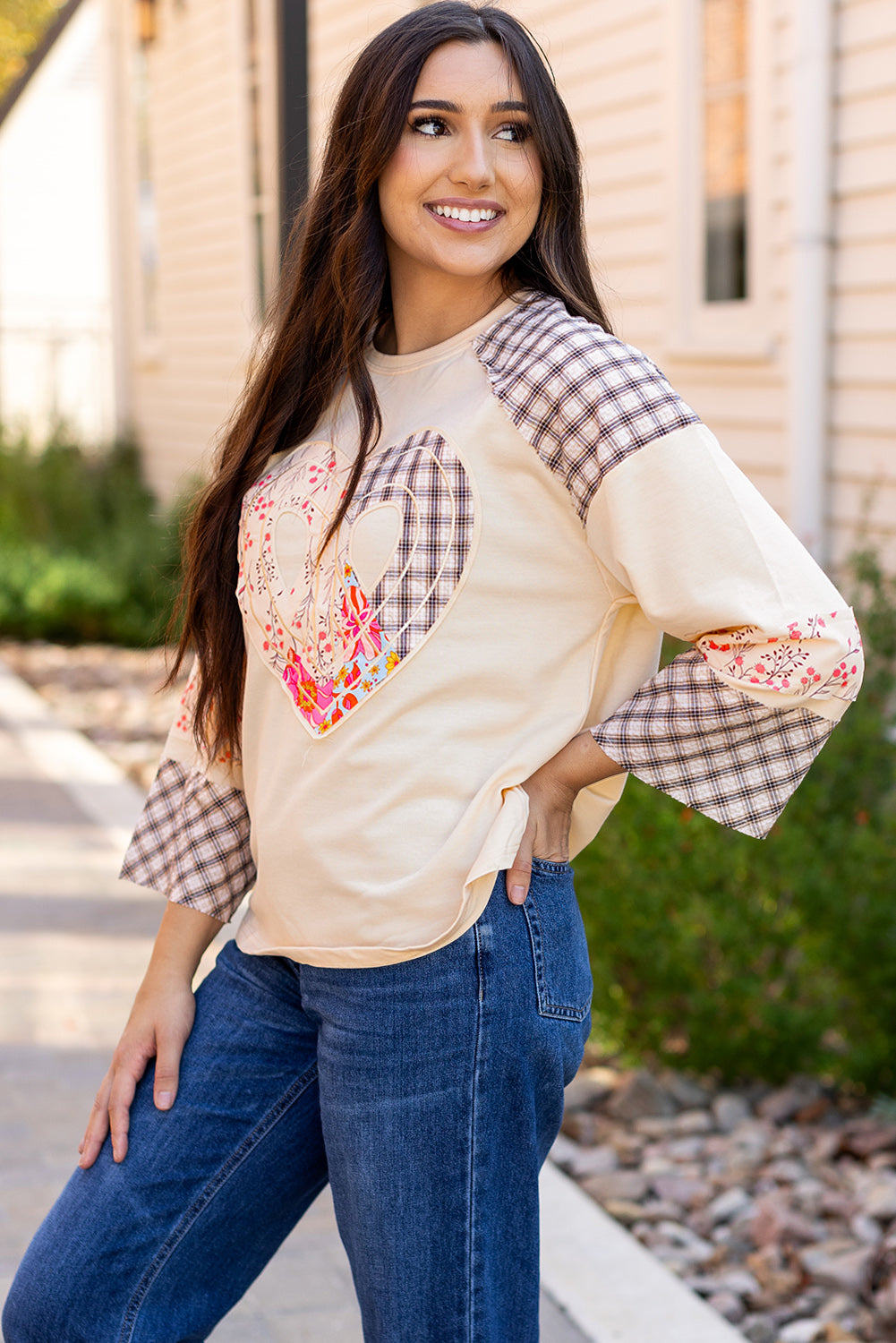 Plaid Floral Love Peace Bishop Sleeve Shirt S - 3X