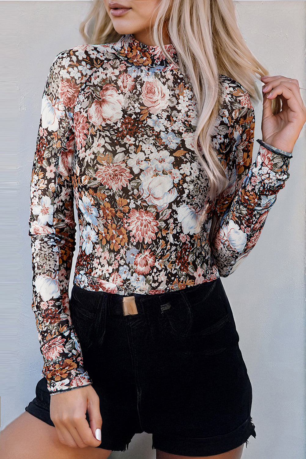 Elegant Floral High Neck Mesh Blouse