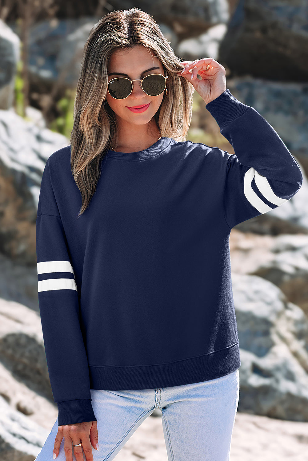 Activepologie Comfy Black Varsity Stripe Oversized Sweatshirt in 5 Colors