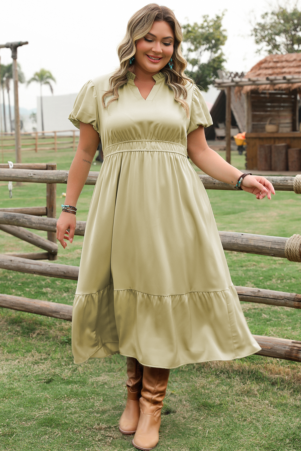 Luxurious Notched V Neck Puff Sleeve Tiered Maxi Dress (1X - 4X)