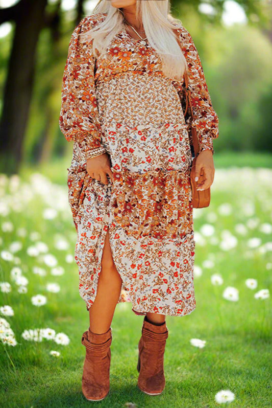 Khaki  Floral Tiered Ruffle Maxi Dress (1X - 4X)