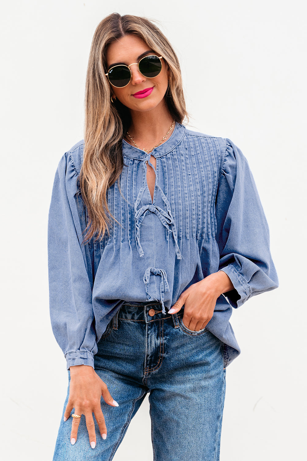 Elegant Bow Denim Pintuck Puff Sleeve Shirt