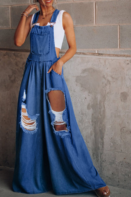 Distressed Wide Leg Denim Overalls (S  - 2X)