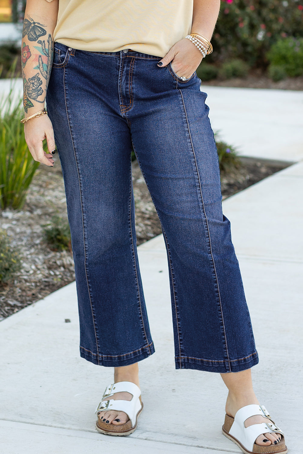 Navy Blue Tailored Wide Leg High Waist Jeans (up to 2X)