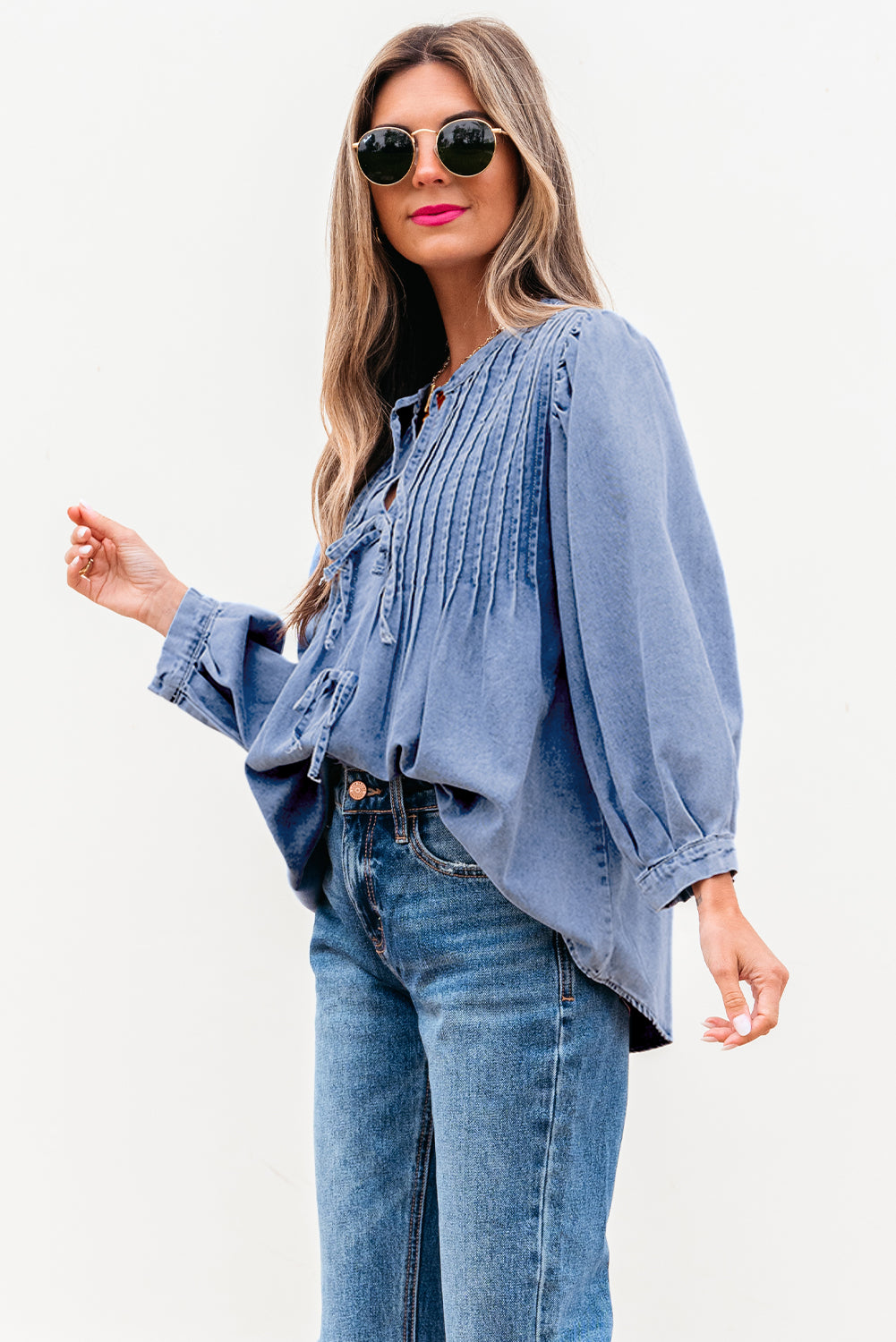 Elegant Bow Denim Pintuck Puff Sleeve Shirt
