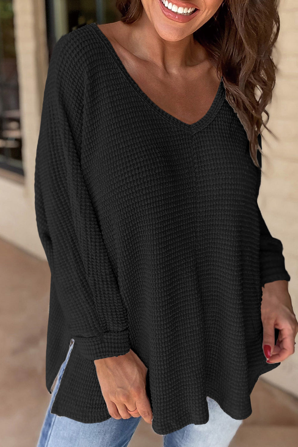 Casual Waffle Knit V Neck Boyfriend Shirt