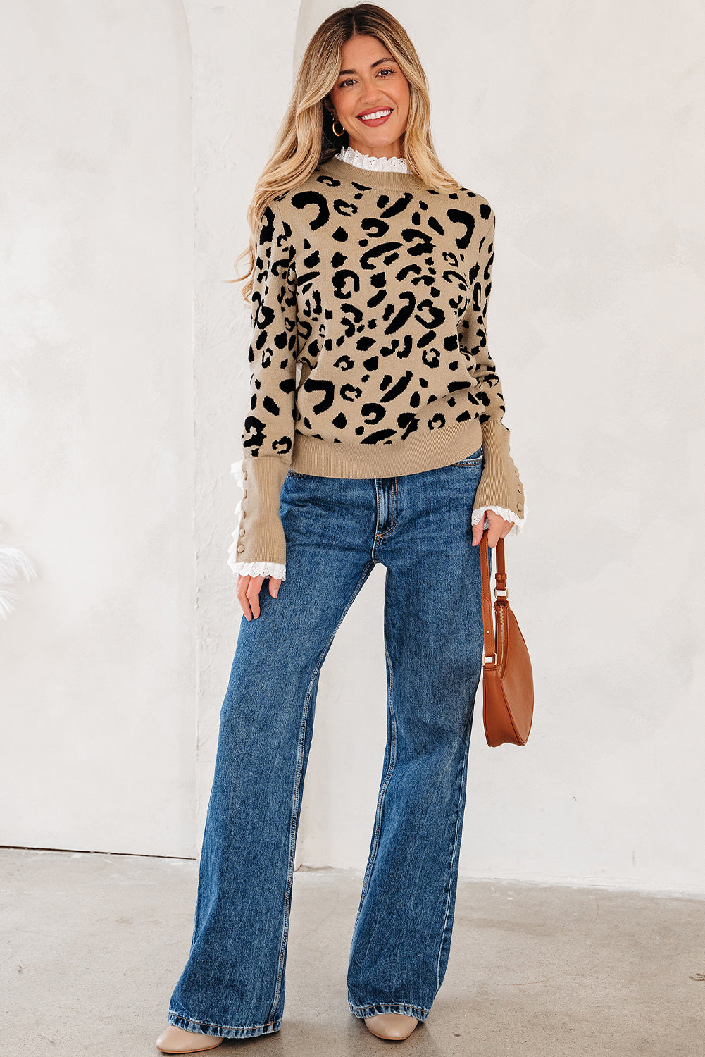 LaurenNichole Classy Brown Leopard Buttoned Down Ruffled Cuffed Sweater