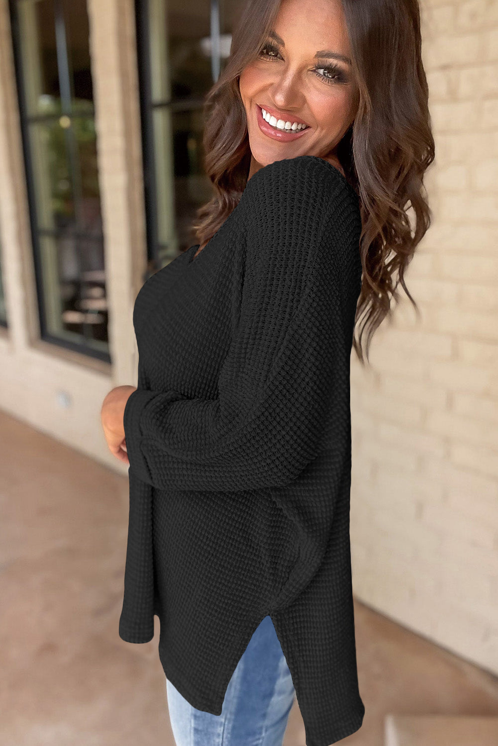 Casual Waffle Knit V Neck Boyfriend Shirt