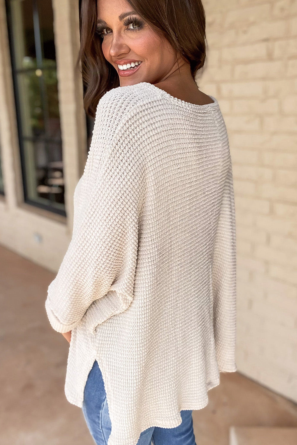 Casual Waffle Knit V Neck Boyfriend Shirt