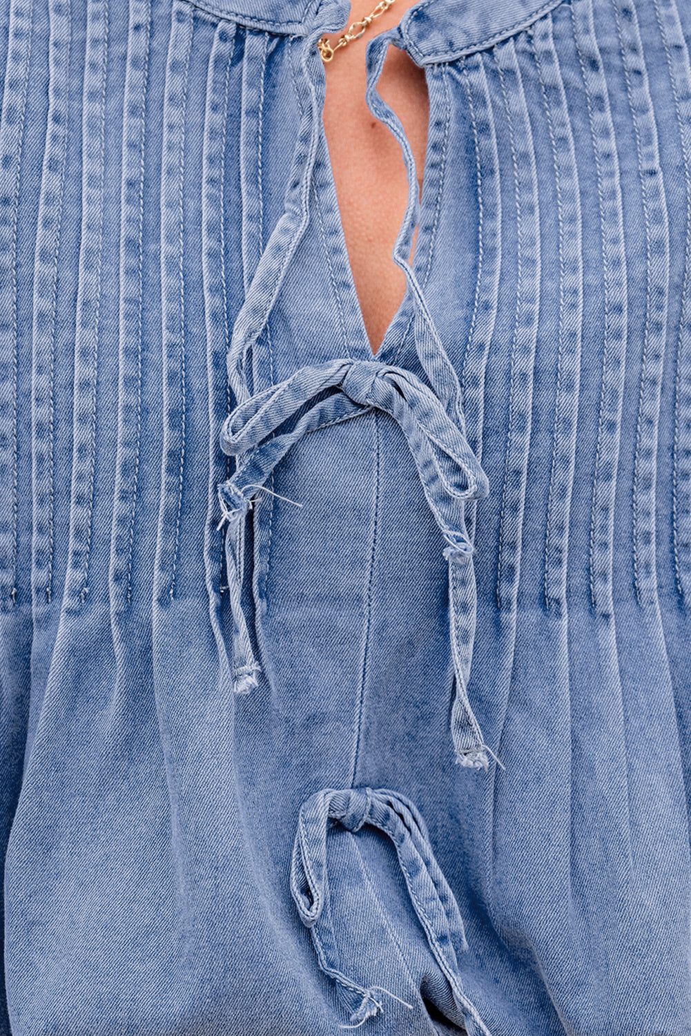 Elegant Bow Denim Pintuck Puff Sleeve Shirt