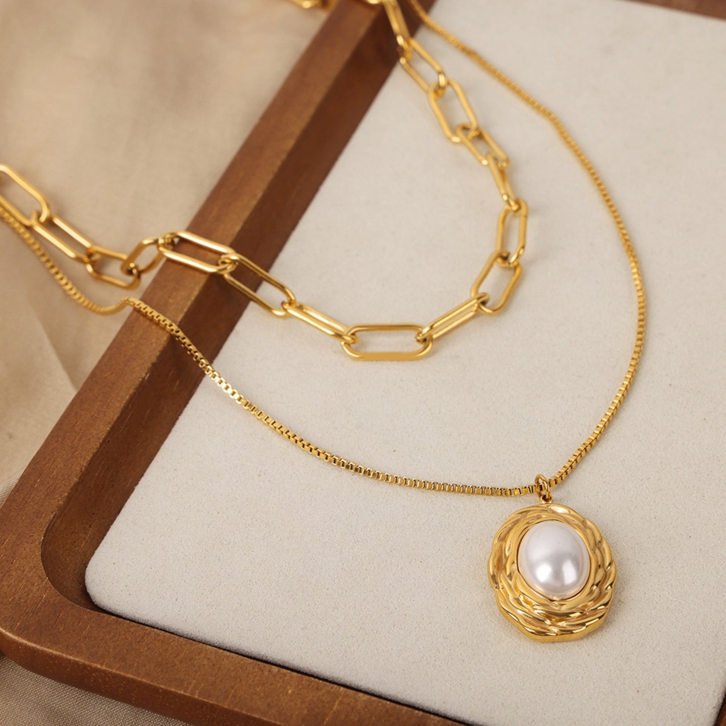 Inlaid Pearl Layered Titanium Steel Necklace