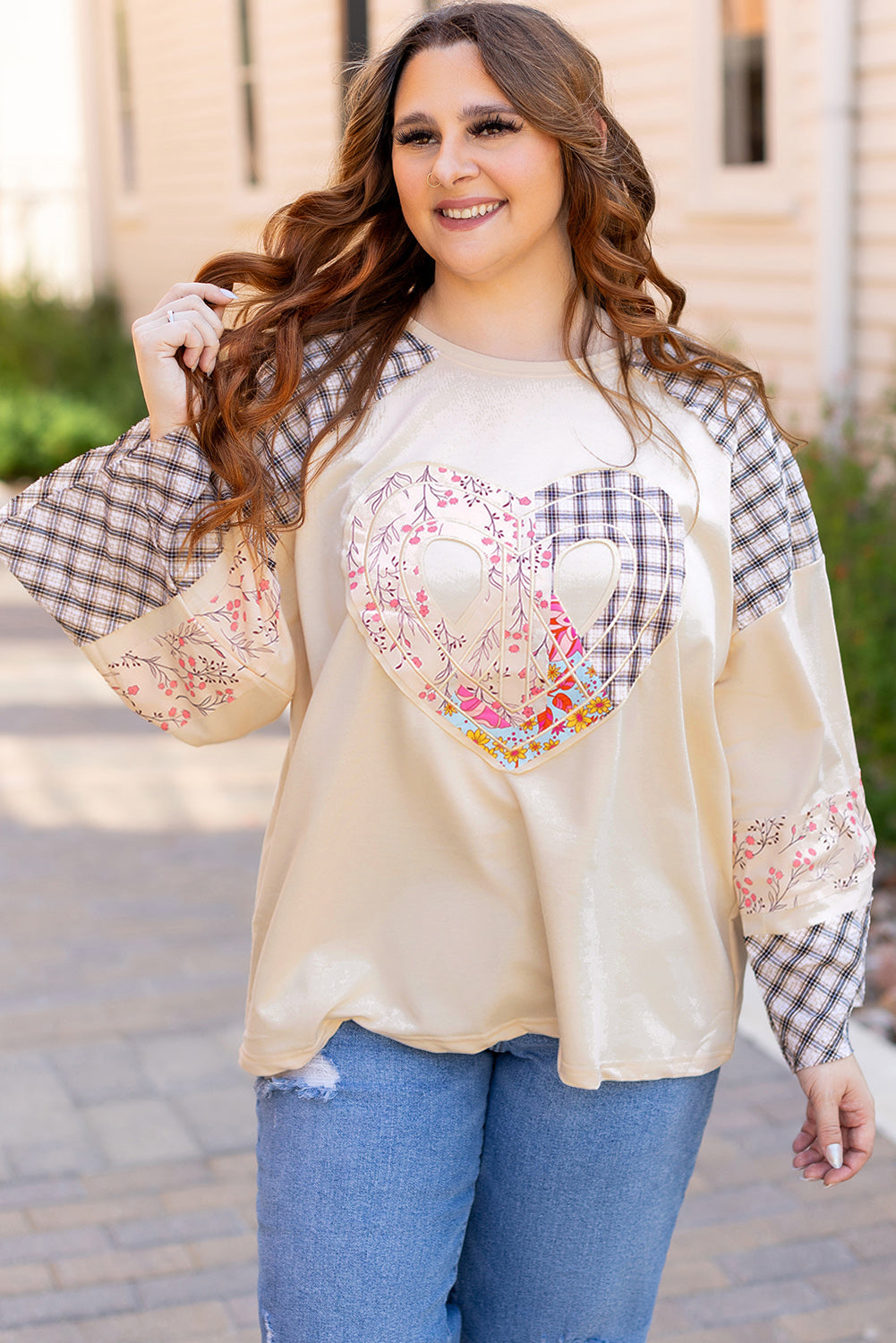 Plaid Floral Love Peace Bishop Sleeve Shirt S - 3X