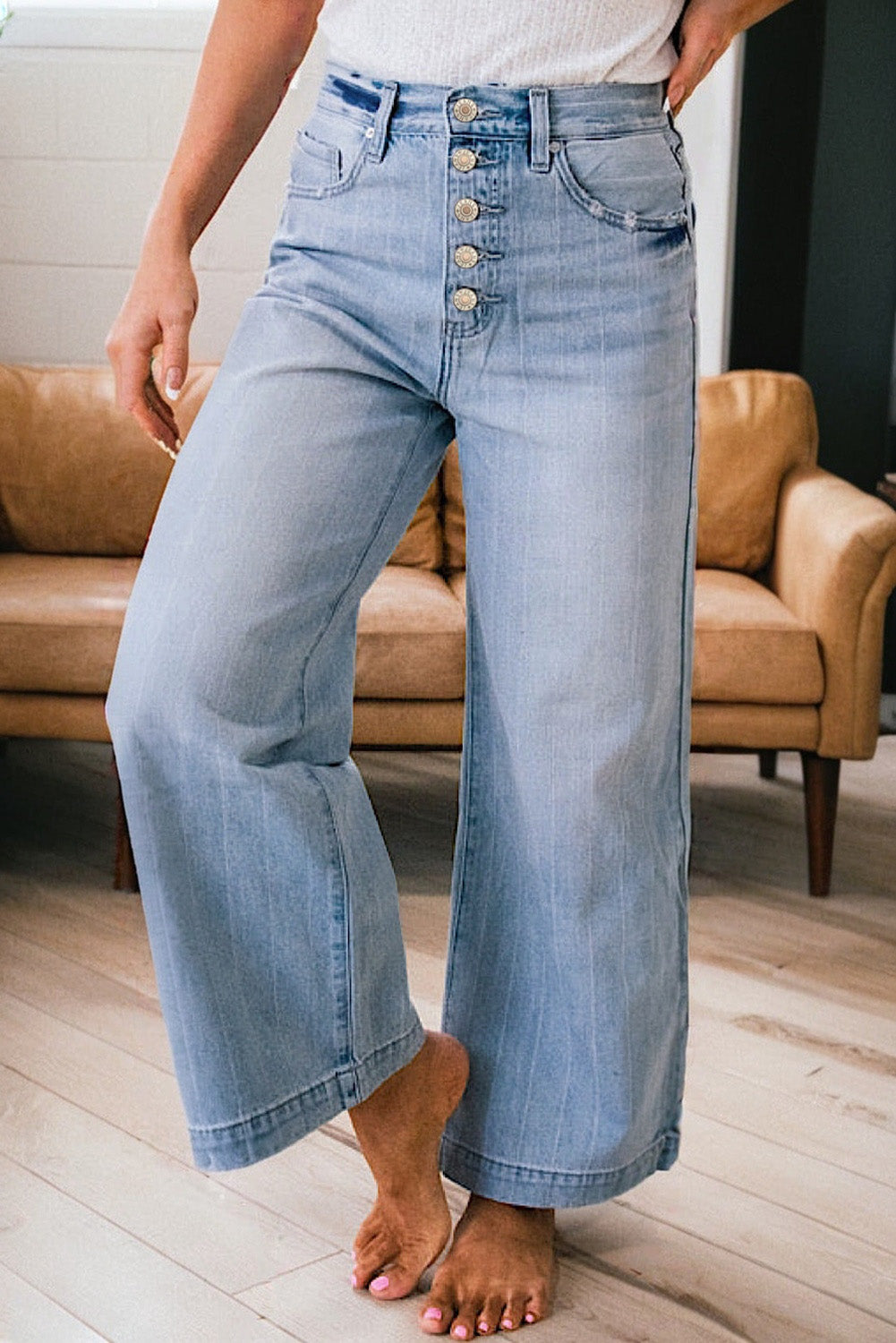 Comfy Multi Button Pinstripe Wide Leg Jeans (Size 4 - 16)