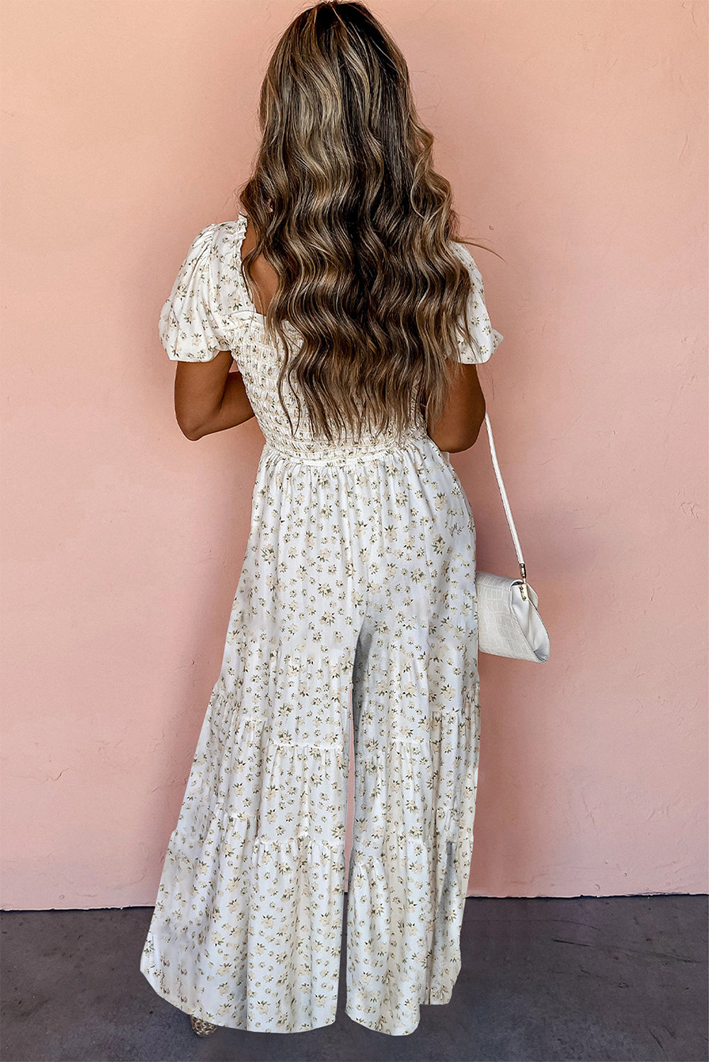 Summery Floral Puff Sleeve Smocked Wide Leg Jumpsuit