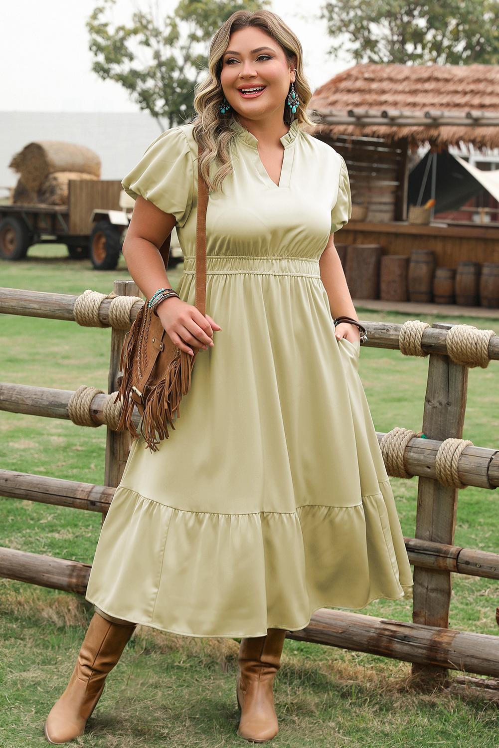 Luxurious Notched V Neck Puff Sleeve Tiered Maxi Dress (1X - 4X)