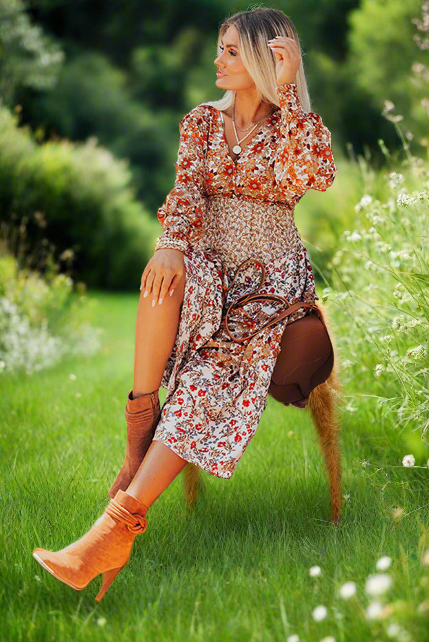 Khaki  Floral Tiered Ruffle Maxi Dress (1X - 4X)