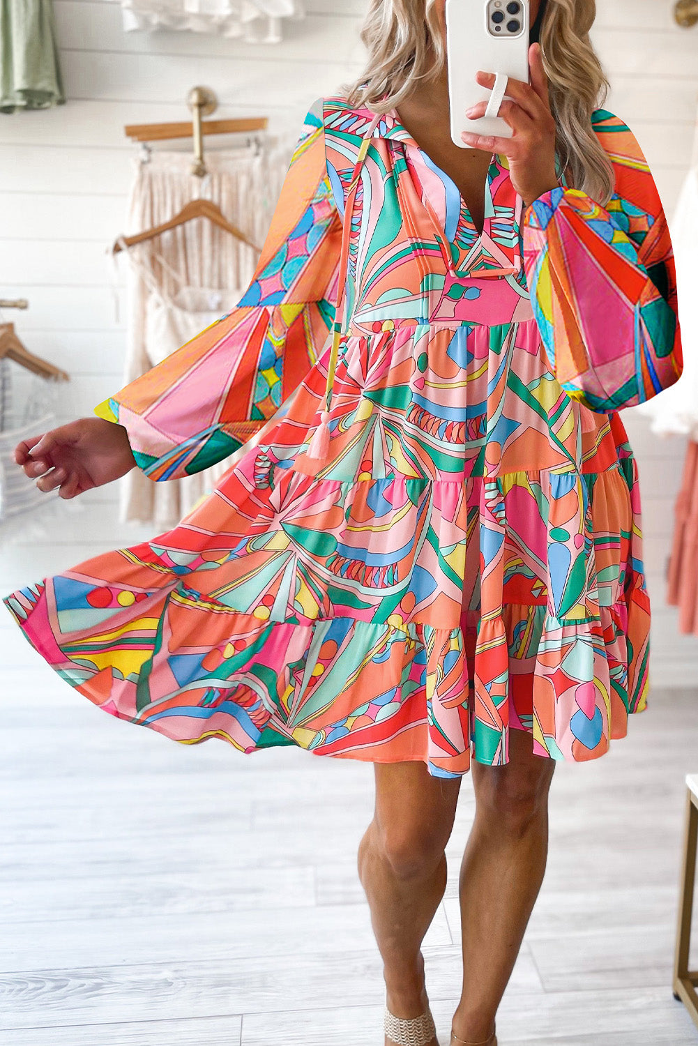 Chic Print Tie Neck Mini Dress