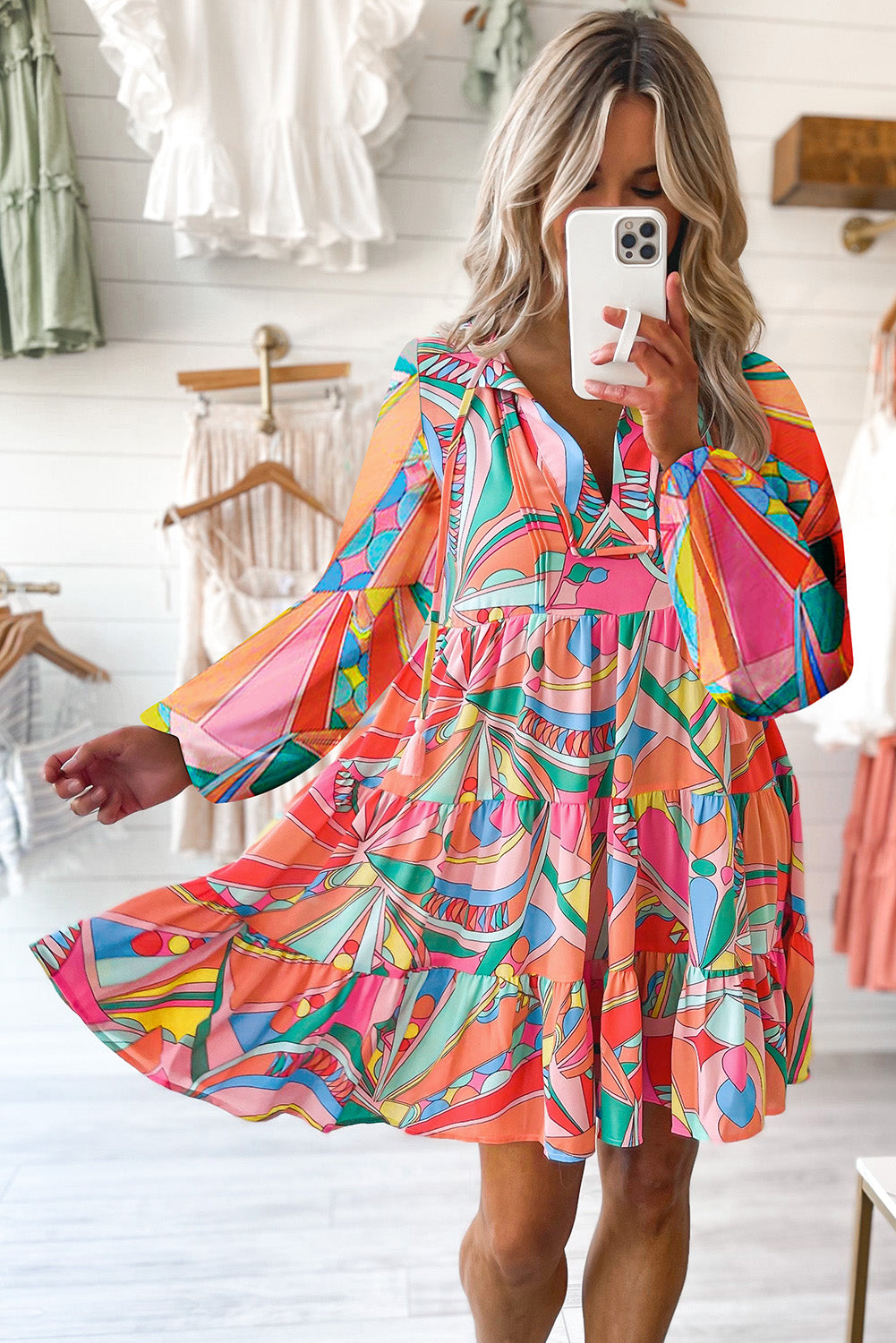 Chic Print Tie Neck Mini Dress