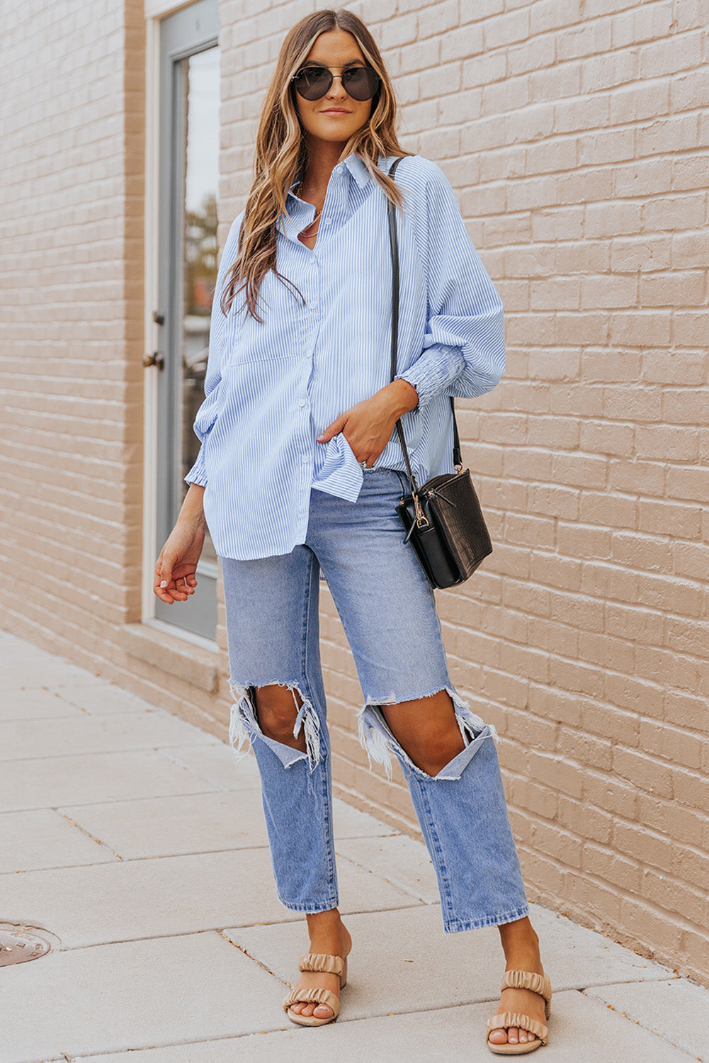 3 Striped Lantern Sleeve Collared Shirt