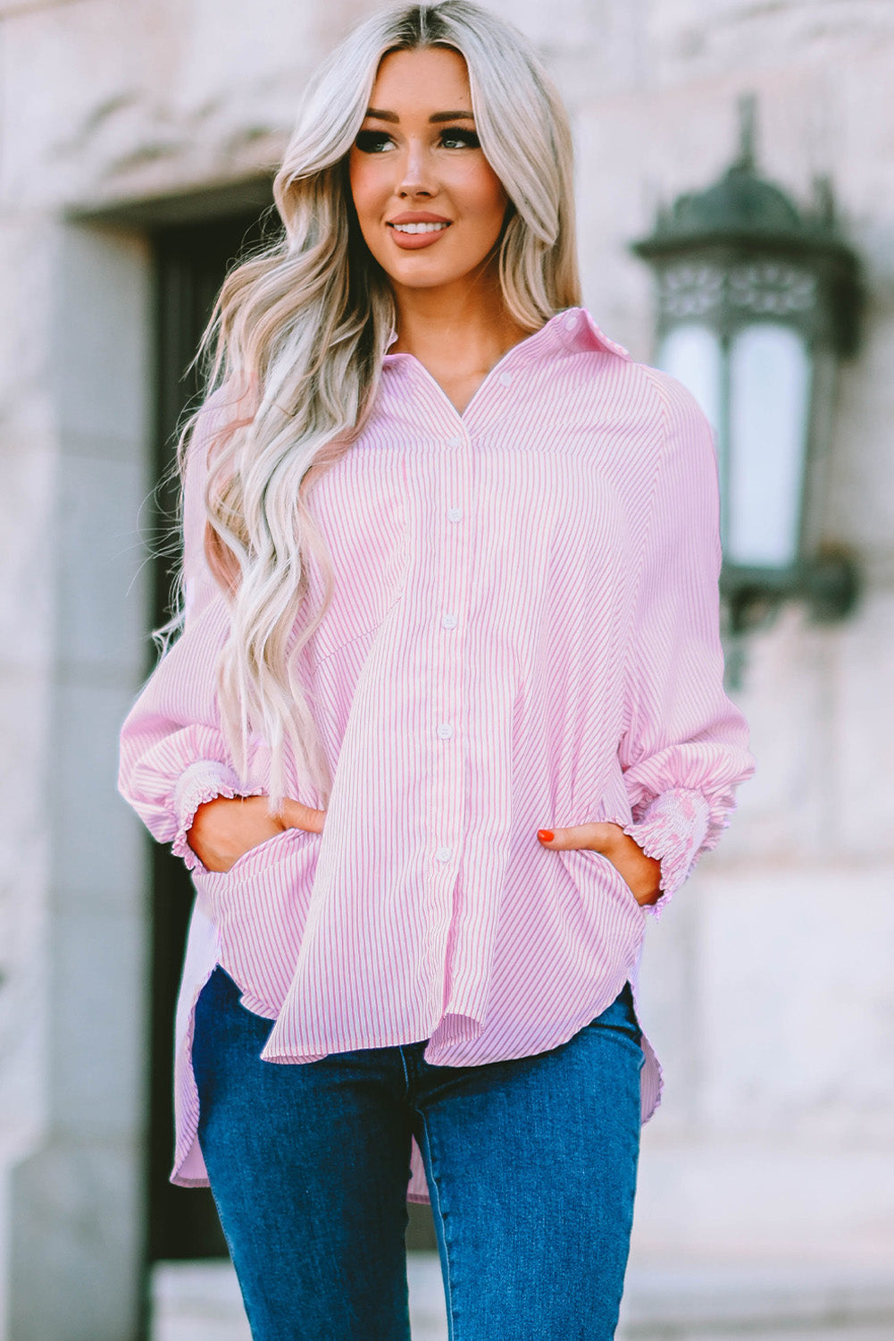 3 Striped Lantern Sleeve Collared Shirt