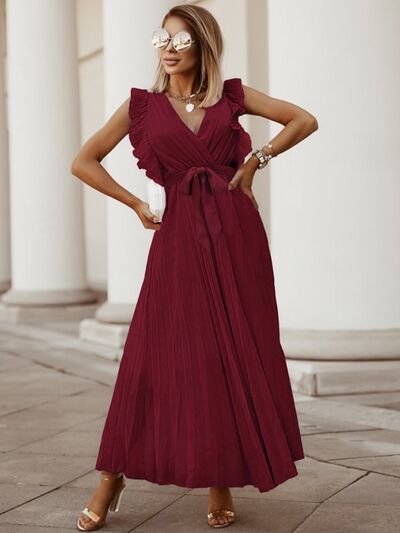 Tied Surplice Cap Sleeve Pleated Dress in 5 Colors