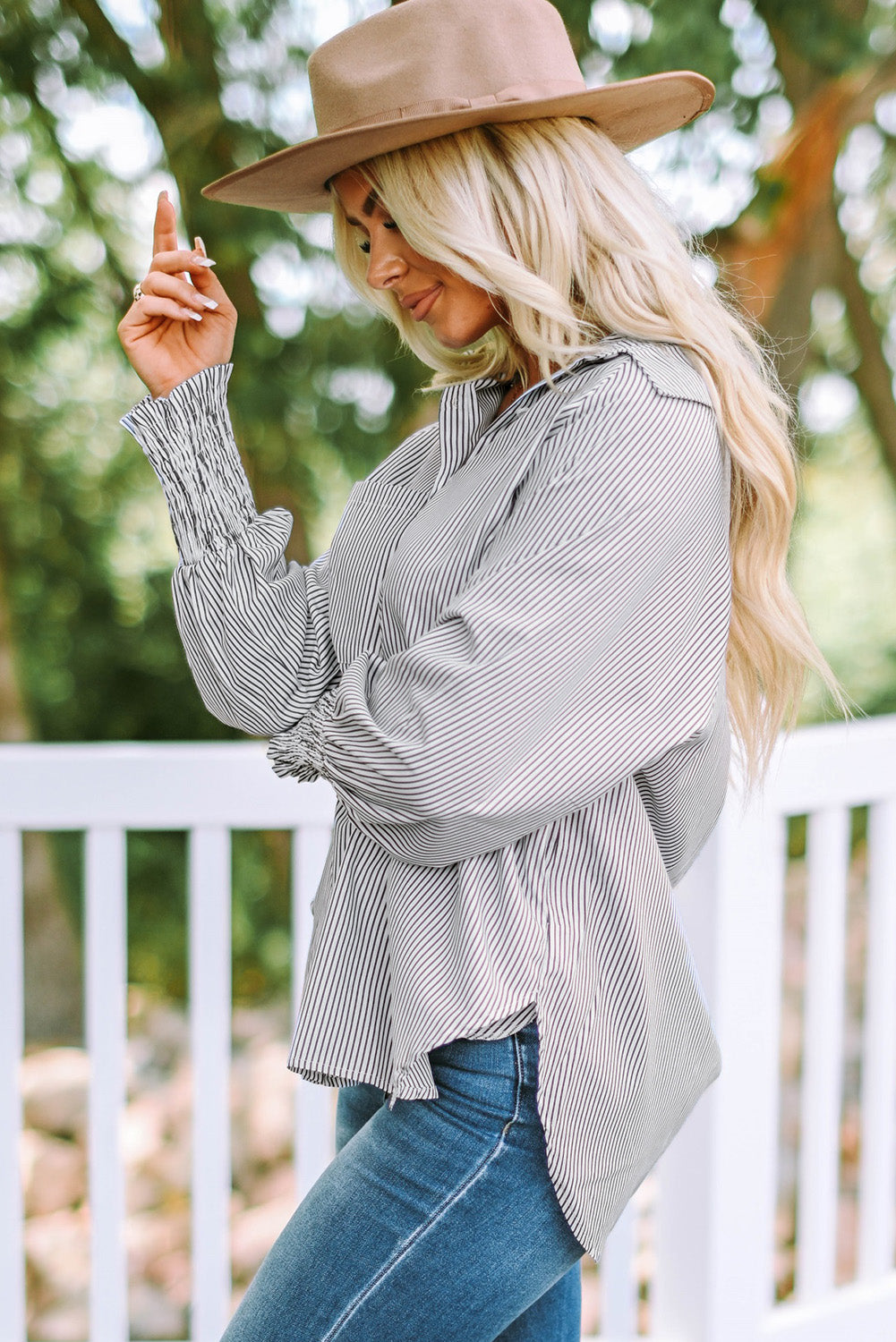 3 Striped Lantern Sleeve Collared Shirt