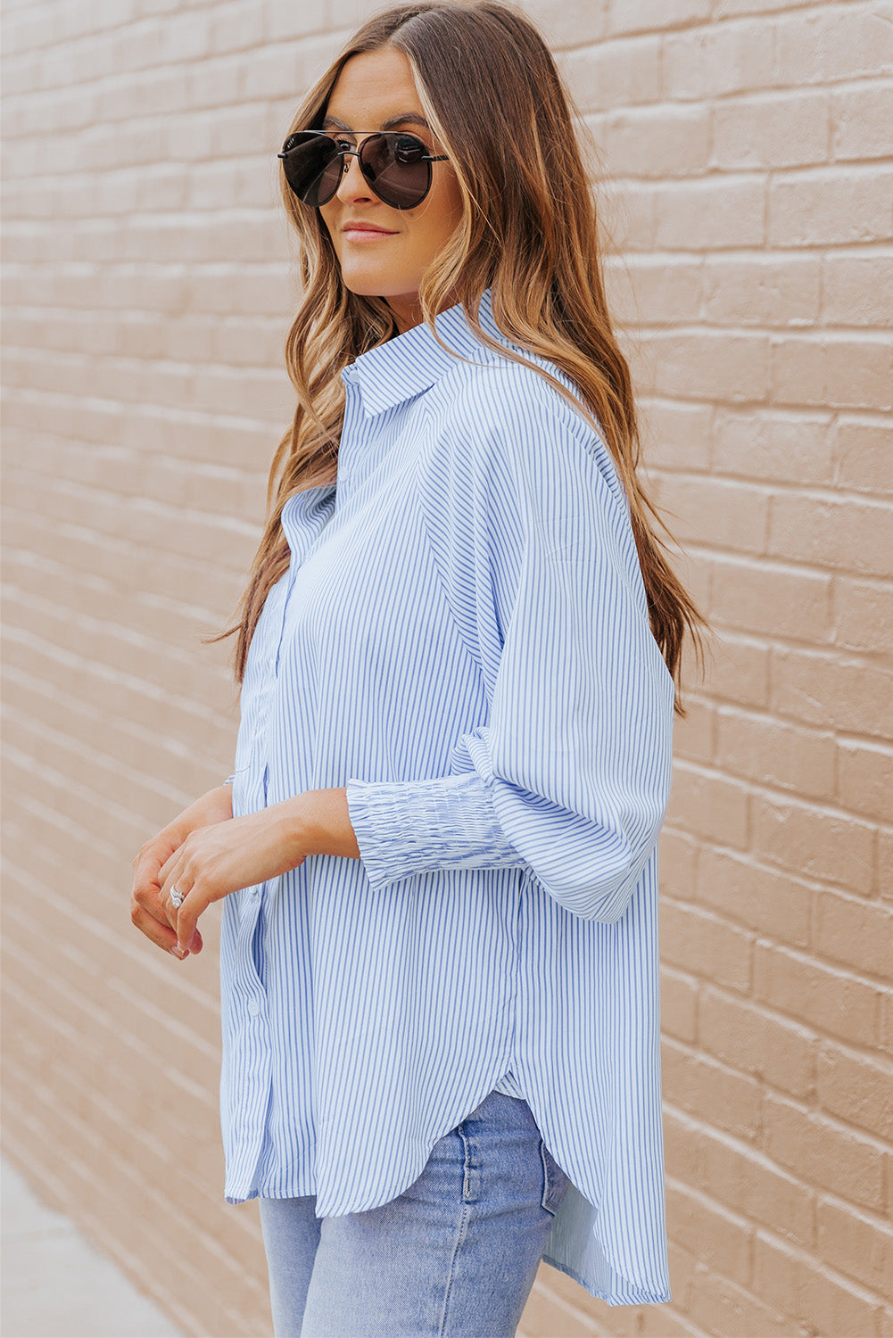 3 Striped Lantern Sleeve Collared Shirt