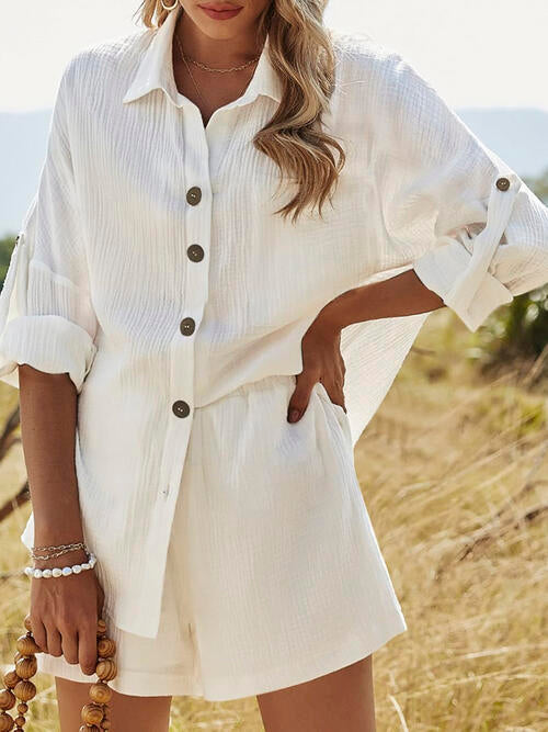 Chic Texture Button Up Shirt / Shorts Outfit