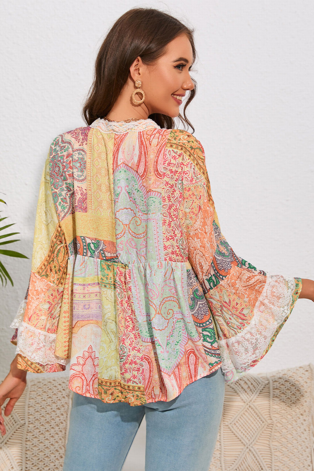 Boho Lace Trim Button Down Shirt