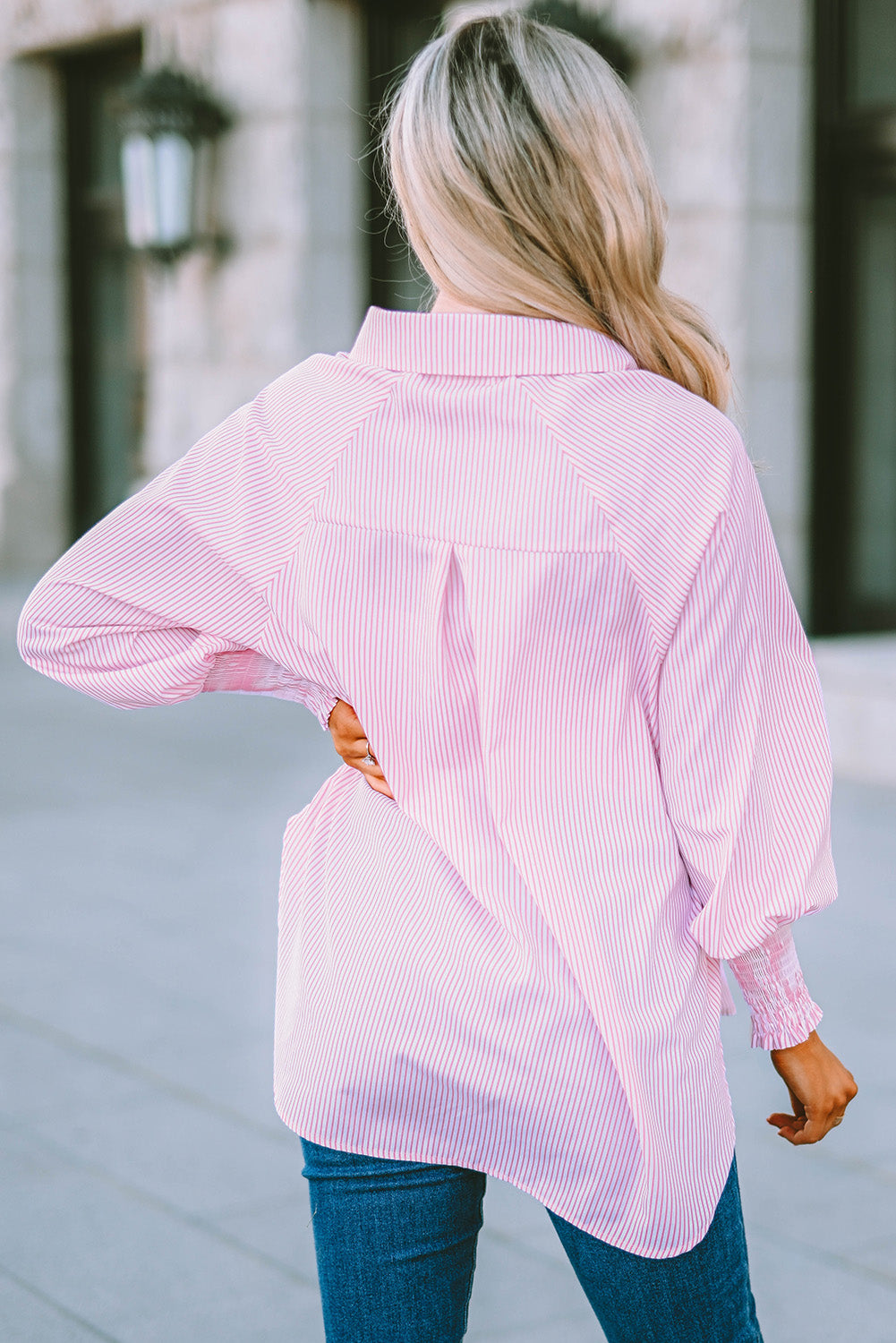3 Striped Lantern Sleeve Collared Shirt